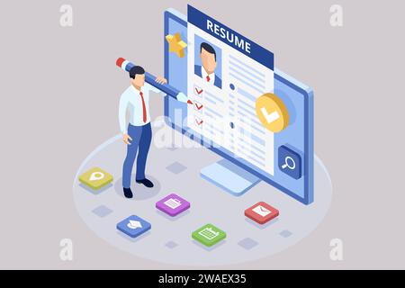 Hr manager. Isometric Resume, CV and Job Application. Applicant Tracking System. Stock Vector