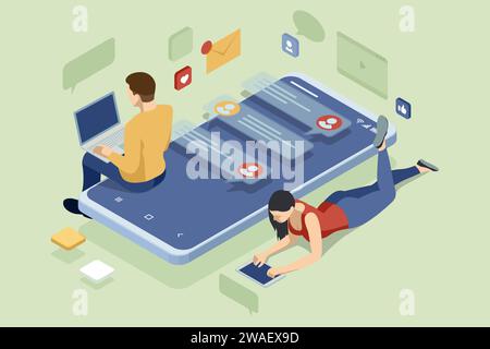 Isometric Connecting with Customers Social Network Marketing Insights. Social media platform, online social communication applications Stock Vector