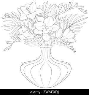 Vase of freesia flowers vector. Bouquet in a vase. Coloring page for kids and adults. Vector illustration Stock Vector