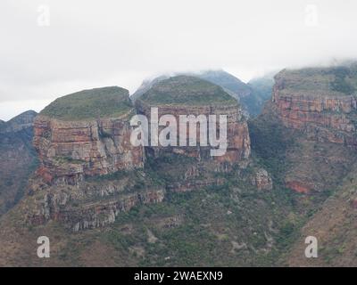 The three rondavels in Blyde River Canyon, with low hanging clouds, on the panorama route in Mpumalanga province, South Africa. Stock Photo