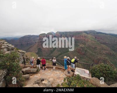 The three rondavels in Blyde River Canyon with low hanging clouds, on the panorama route in Mpumalanga province, South Africa. Stock Photo