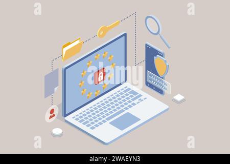 Isometric Ensuring Personal Data Protection with User Authentication, Secure Communication, and Password Protection in a Secure Connection Stock Vector