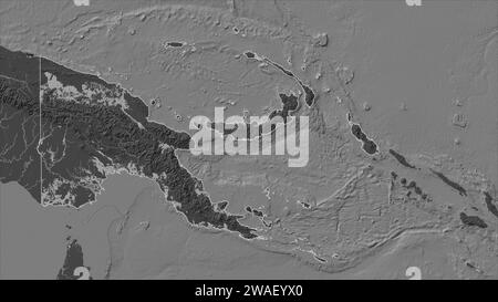 Papua New Guinea outlined on a Bilevel elevation map with lakes and rivers Stock Photo