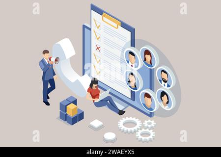 Isometric Survey form concept. Online education, internet quiz, online exam, online testing, questionnaire form, online education, survey Stock Vector