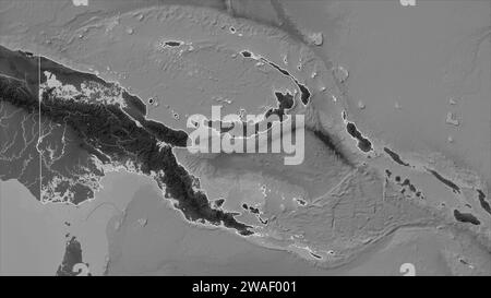 Papua New Guinea outlined on a Grayscale elevation map with lakes and rivers Stock Photo