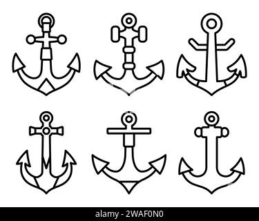 Anchor line icons set. Nautical vessel mooring appliance, Traditional ship accessory. Silhouettes anchor marine equipment. Navy, ocean fleet, harbor Stock Vector