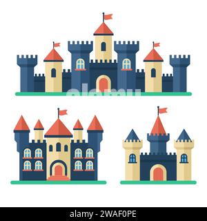 Castle set in flat style. Medieval buildings fortress fantasy gothic architecture towers. Royal kingdom towers, old ancient magic castles. Vector Stock Vector
