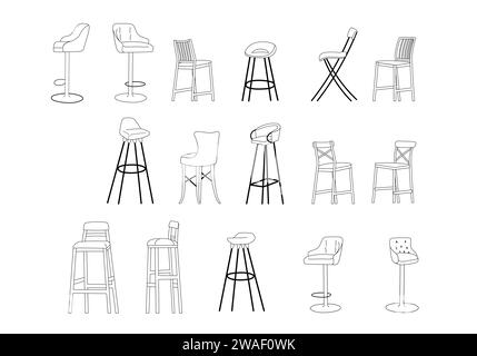 Furniture outline set of armchairs, kitchen and bar chairs for constructing interior designs. Vector illustration Stock Vector