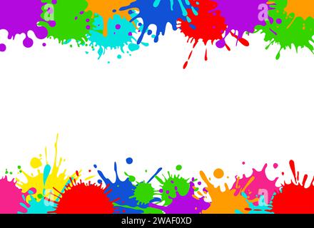 Bright colorful banner. Horizontal banner with colorful paint spots and splashes. Colorful blots, multicolored splash spray paints. Frame background Stock Vector