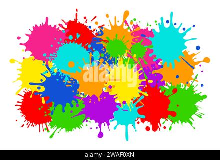 Bright colorful banner. Horizontal banner with colorful paint spots and splashes. Colorful blots, multicolored splash spray paints. Vector Stock Vector