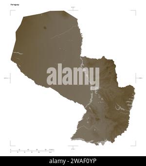 Shape of a elevation map colored in sepia tones with lakes and rivers of the Paraguay, with distance scale and map border coordinates, isolated on whi Stock Photo