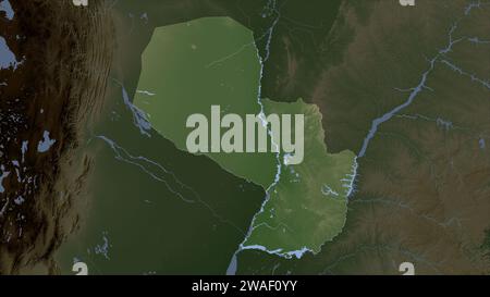 Paraguay highlighted on a Pale colored elevation map with lakes and rivers Stock Photo