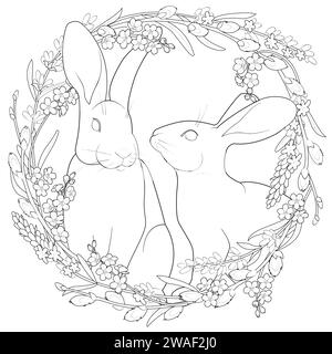 Easter rabbits with spring flowers and leaves wreath. Cute vintage bunny isolated on white background. Black and white. Art therapy Coloring page for kids and adults. Vector illustration Stock Vector