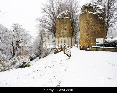 Entrance to Knaresborough Castle covered in snow Castle Yard Knaresborough North Yorkshire England Stock Photo
