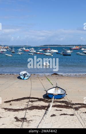 Boats moored up on Town Beach, Hugh Town, St Mary's, Isles of Scilly Stock Photo