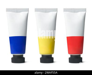 set of artist's paint tubes with black cap isolated on white background, art supplies of primary colors blue, yellow and red, mock-up template of oil Stock Photo