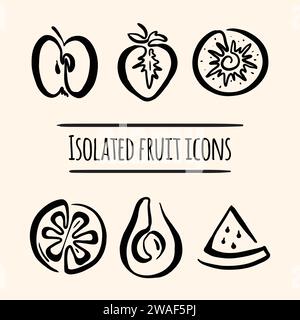 Vector illustration of fruits: apple, strawberry, kiwi, orange, avocado, watermelon. Logos, icons, minimalism Stock Vector