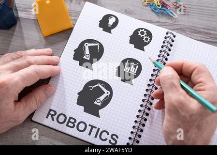 Robotics concept drawn on a notepad placed on a desk Stock Photo