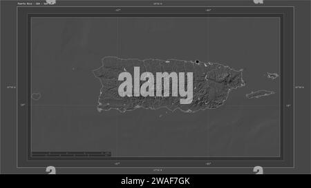 Puerto Rico - USA highlighted on a Bilevel elevation map with lakes and rivers map with the country's capital point, cartographic grid, distance scale Stock Photo