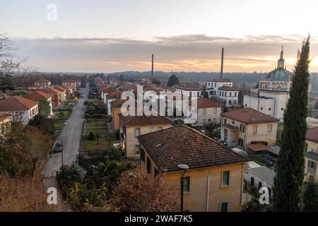 Crespi d'Adda, Italy - january 3 2024 -  workers village UNESCO site heritage Lombardy - in the picture: panoramic view of the village Stock Photo