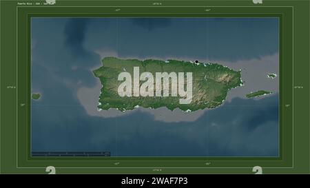 Puerto Rico - USA highlighted on a Pale colored elevation map with lakes and rivers map with the country's capital point, cartographic grid, distance Stock Photo