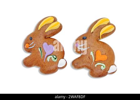 Two easter gingerbread cookies in the shape of a bunny isolated on a white background. Stock Photo