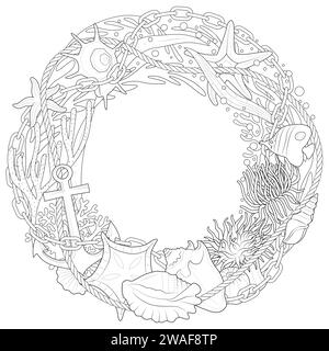 Summer Sea Wreath of shells and corals, starfish, anchors, seaweed and sea anemones. Black and white. Art therapy Coloring page. Vector illustration Stock Vector