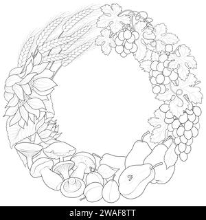 Autumn wreath decorative border with sunflowers, pears and mushrooms.Black and white. Art therapy Coloring page. Vector illustration Stock Vector