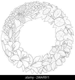 Summer wreath with beautiful flowers and strawberries. Hand drawn artwork. Love concept for wedding invitations, cards, tickets, congratulations. Black and white. Vector illustration Stock Vector