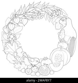 Autumn wreath decorative border with pumpkins, autumn leaves, Fruits and vegetables, and rowanberries. Black and white. Art therapy Coloring page. Vector illustration Stock Vector