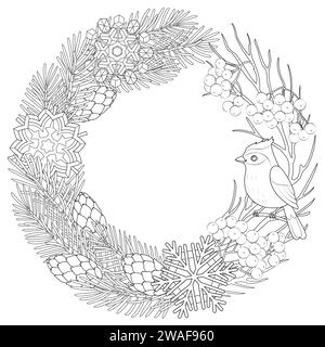 Christmas wreath with bird and snowflakes. Fir branch circles with Xmas decor for winter holiday decoration. Black and white. Coloring page vector illustrations isolated on white background.  Stock Vector