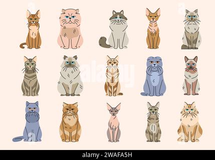 Cat breeds color elements. Cartoon cute animal. Hand draw vector illustration isolated. Stock Vector