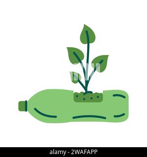 Green plants in pots from plastic bottle color flat icon. Zero waste lifestyle. Eco friendly. Reuse of cloth. Reasonable consumption Stock Vector