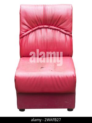 Red old damaged sofa is isolated on white background with clipping path. The sofa was torn and discarded worthless. Stock Photo