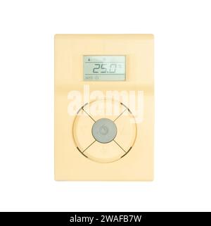 Digital air conditioner controller installed on room wall in hotel is isolated on white background with clipping path. Stock Photo
