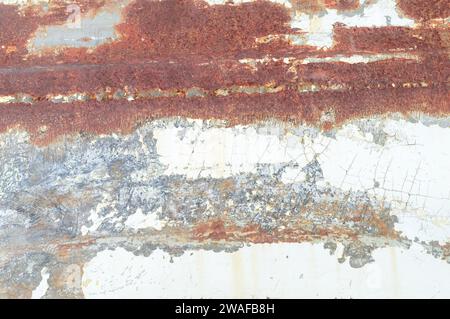 Old white autobody changes to rusted brown iron sheet for art background or texture. Stock Photo