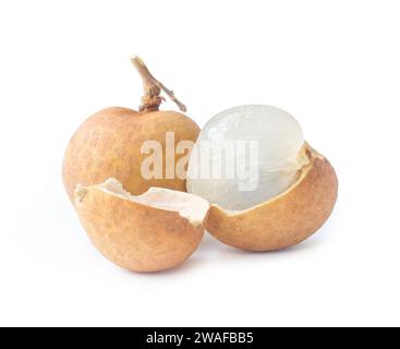 Two sweet fresh Thai longans, peeled and unpeeled, are isolated on white background with clipping path. Close up Stock Photo