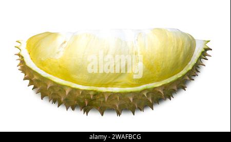 Close up of single part of ripe yellow durian flesh with shell is isolated on white background with clipping path. Stock Photo