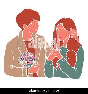 Romantic couples isolated on white background, portraits of man and woman in love hugging, cuddling and kissing. Hand drawn vector illustration for Va Stock Vector