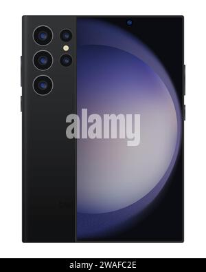 Samsung Galaxy S23 Ultra. Official presentation of the new flagship. New generation smartphone. Phone with built-in stylus. Black color. Original wall Stock Vector