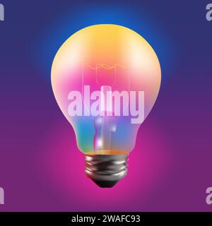 Lamp idea icon, object yellow light on a gradient background. Cartoon 3d style. Multicolor light. Vector illustration Stock Vector