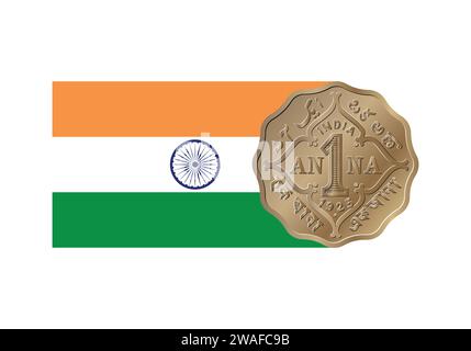 1 Rupee coin of India. Coin side isolated on white background. Flag of India. Vector. Stock Vector