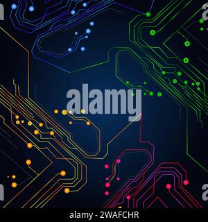 Modern technology circuit board texture background design. Neurons and electronic tracks on the motherboard. Quantum explosion technology. Quantum com Stock Vector