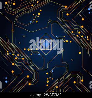 Modern technology circuit board texture background design. Neurons and electronic tracks on the motherboard. Quantum explosion technology. Quantum com Stock Vector