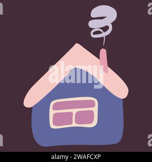 Quirky cartoon Tiny House with Smoke from Chimney. Kids style multicolored drawing, isolated Vector Illustration. Cute and quaint Flat style element f Stock Vector