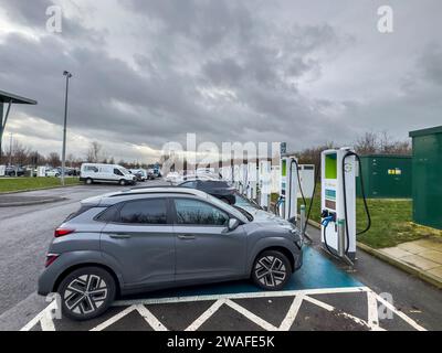 MOTO Services, Wetherby, A1, Yorkshire, England, UK.  Images of the EV electric vehicle charging points by Gridserve at the Wetherby MOTO services on Stock Photo