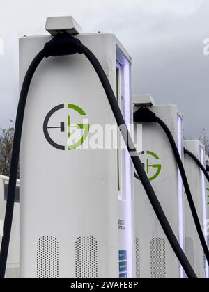 MOTO Services, Wetherby, A1, Yorkshire, England, UK.  Images of the EV electric vehicle charging points by Gridserve at the Wetherby MOTO services on Stock Photo