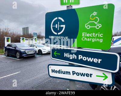 MOTO Services, Wetherby, A1, Yorkshire, England, UK.  Images of the EV electric vehicle charging points by Gridserve at the Wetherby MOTO services on Stock Photo