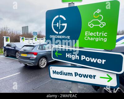 MOTO Services, Wetherby, A1, Yorkshire, England, UK.  Images of the EV electric vehicle charging points by Gridserve at the Wetherby MOTO services on Stock Photo