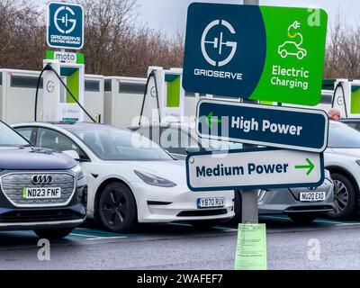 MOTO Services, Wetherby, A1, Yorkshire, England, UK.  Images of the EV electric vehicle charging points by Gridserve at the Wetherby MOTO services on Stock Photo